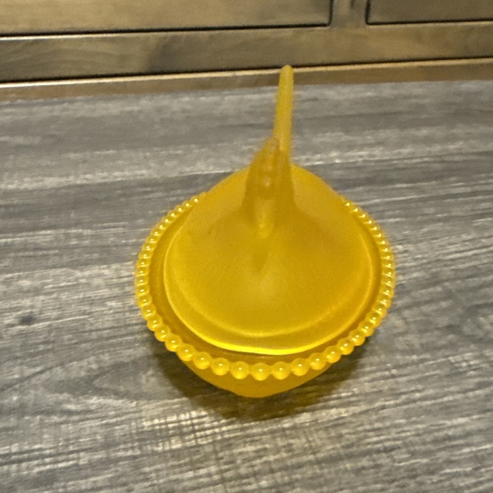 Yellow Satin Glass Hen on Nest Covered Dish 5" Chicken Beaded Rim Import - Picture 3 of 9